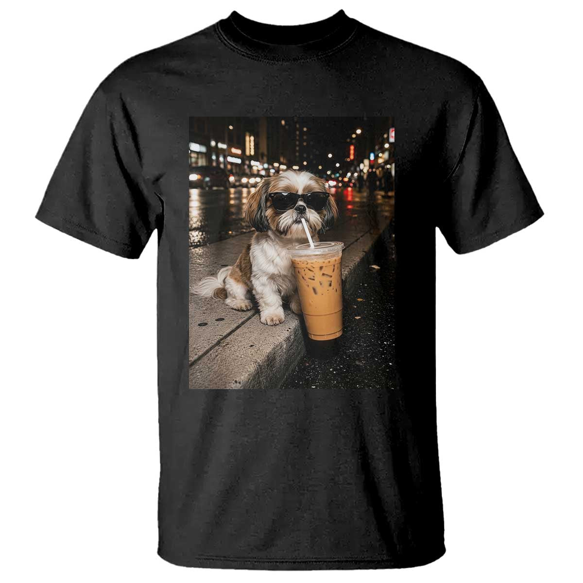 Funny Shih Tzu Drinking Iced Coffee T Shirt Vintage Dog Lover TS10 Black Print Your Wear