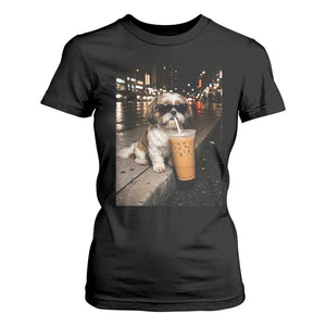 Funny Shih Tzu Drinking Iced Coffee T Shirt For Women Vintage Dog Lover