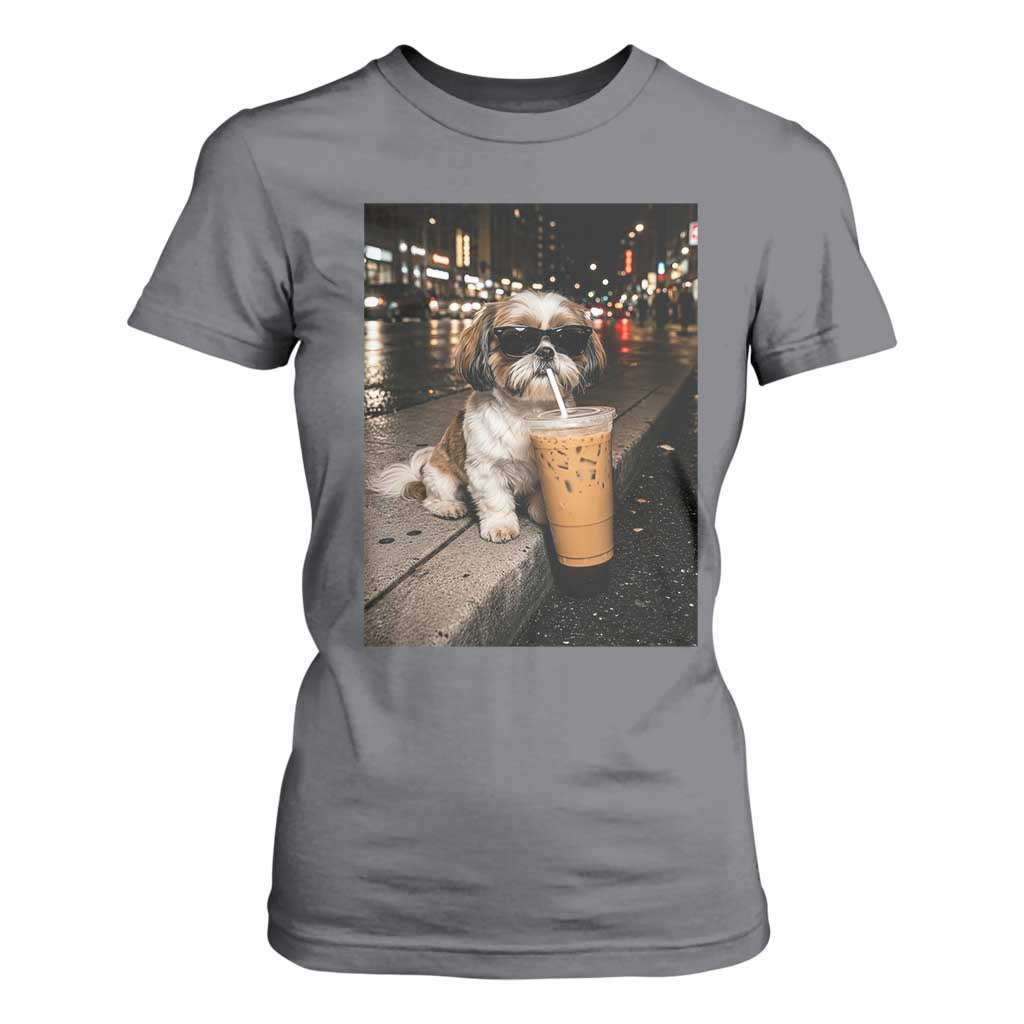 Funny Shih Tzu Drinking Iced Coffee T Shirt For Women Vintage Dog Lover
