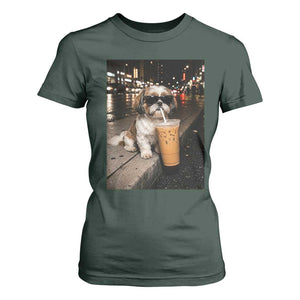 Funny Shih Tzu Drinking Iced Coffee T Shirt For Women Vintage Dog Lover