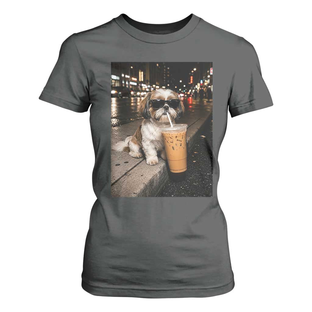 Funny Shih Tzu Drinking Iced Coffee T Shirt For Women Vintage Dog Lover