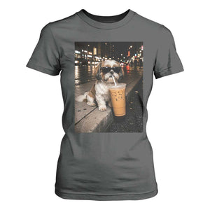 Funny Shih Tzu Drinking Iced Coffee T Shirt For Women Vintage Dog Lover