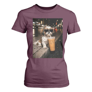 Funny Shih Tzu Drinking Iced Coffee T Shirt For Women Vintage Dog Lover