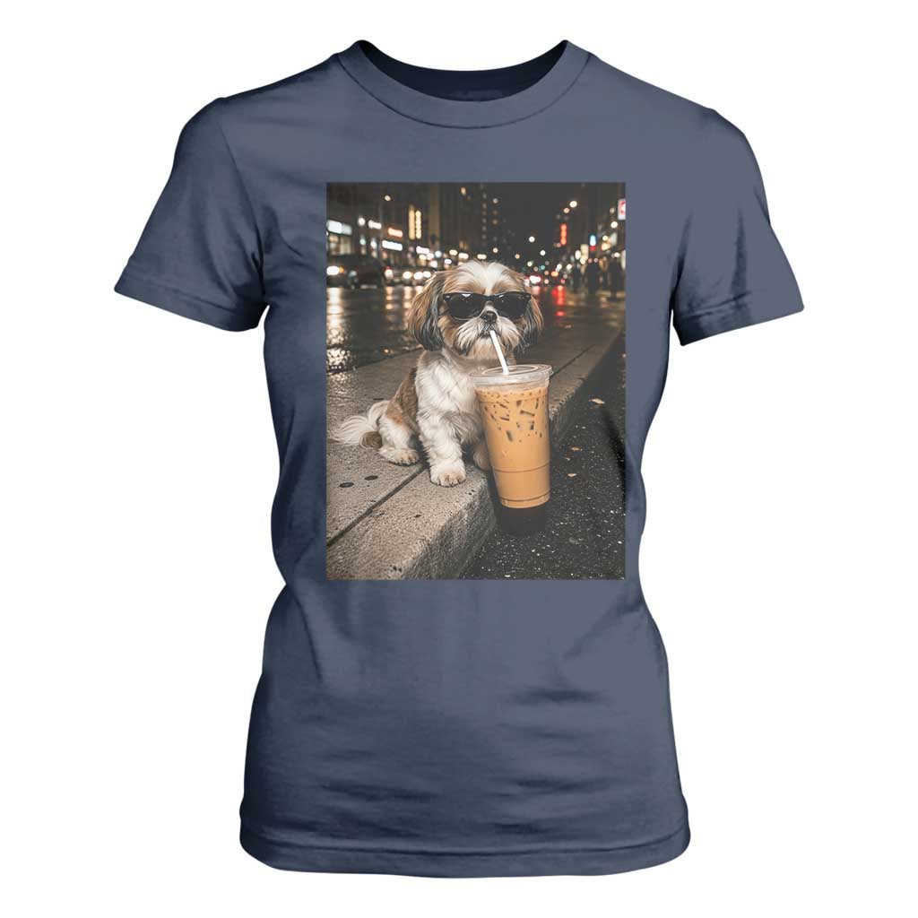 Funny Shih Tzu Drinking Iced Coffee T Shirt For Women Vintage Dog Lover