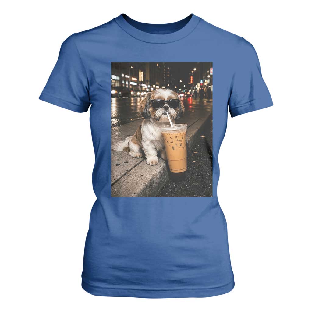 Funny Shih Tzu Drinking Iced Coffee T Shirt For Women Vintage Dog Lover