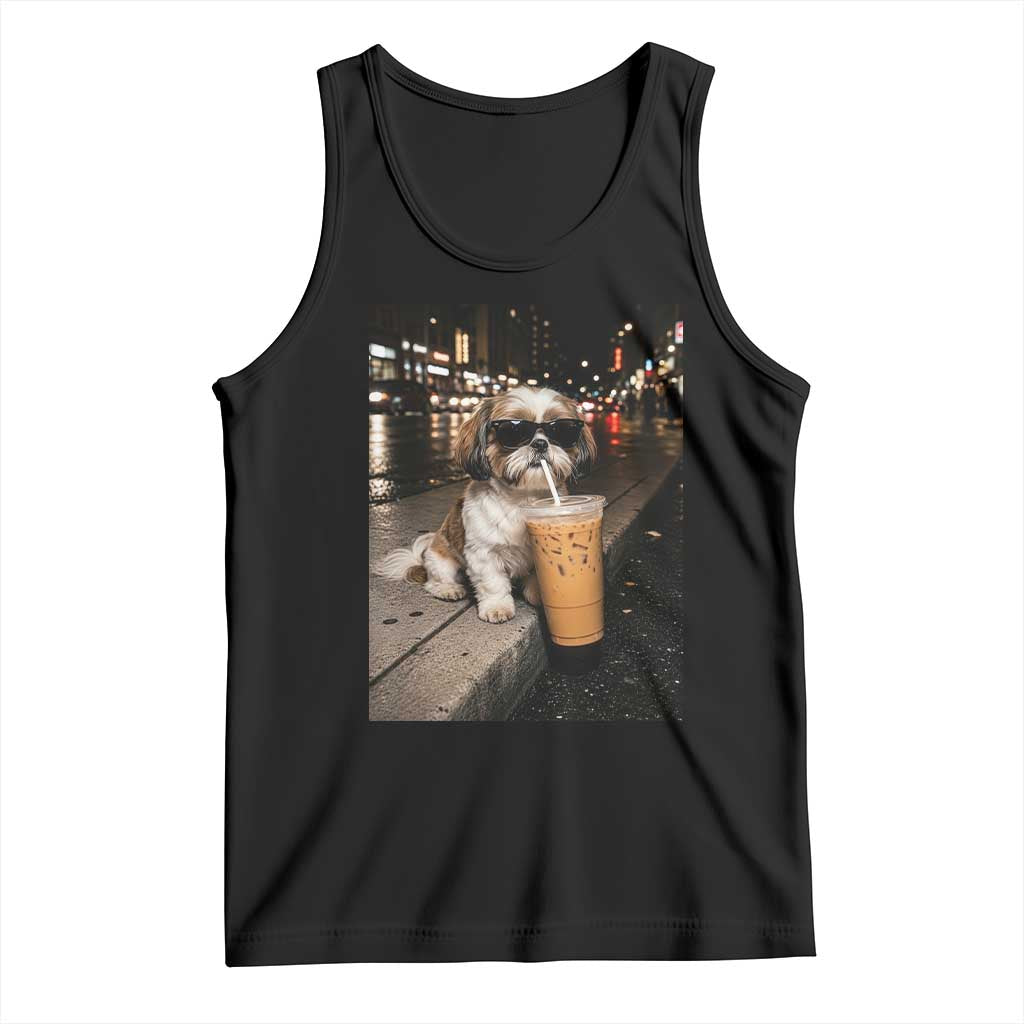 Funny Shih Tzu Drinking Iced Coffee Tank Top Vintage Dog Lover