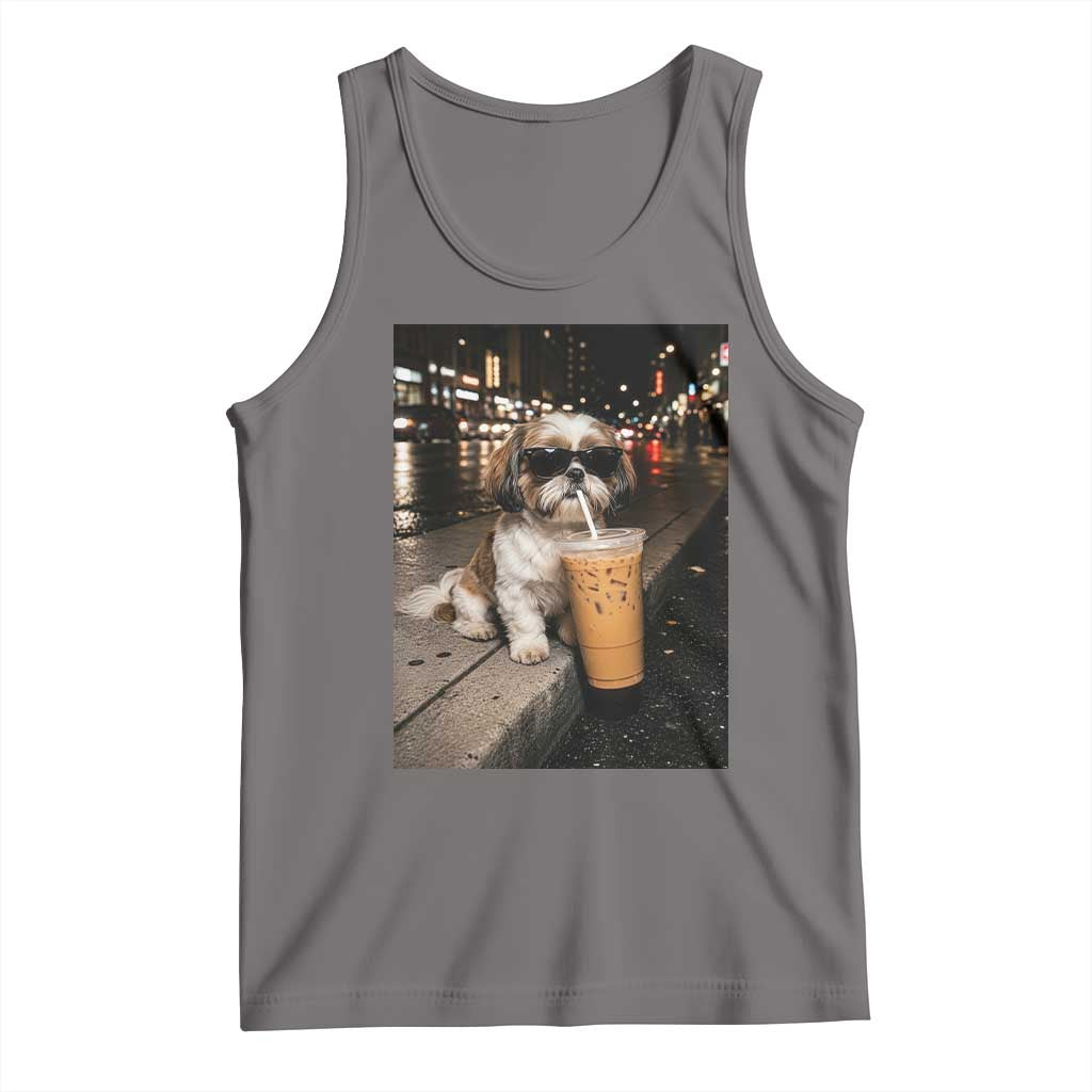 Funny Shih Tzu Drinking Iced Coffee Tank Top Vintage Dog Lover