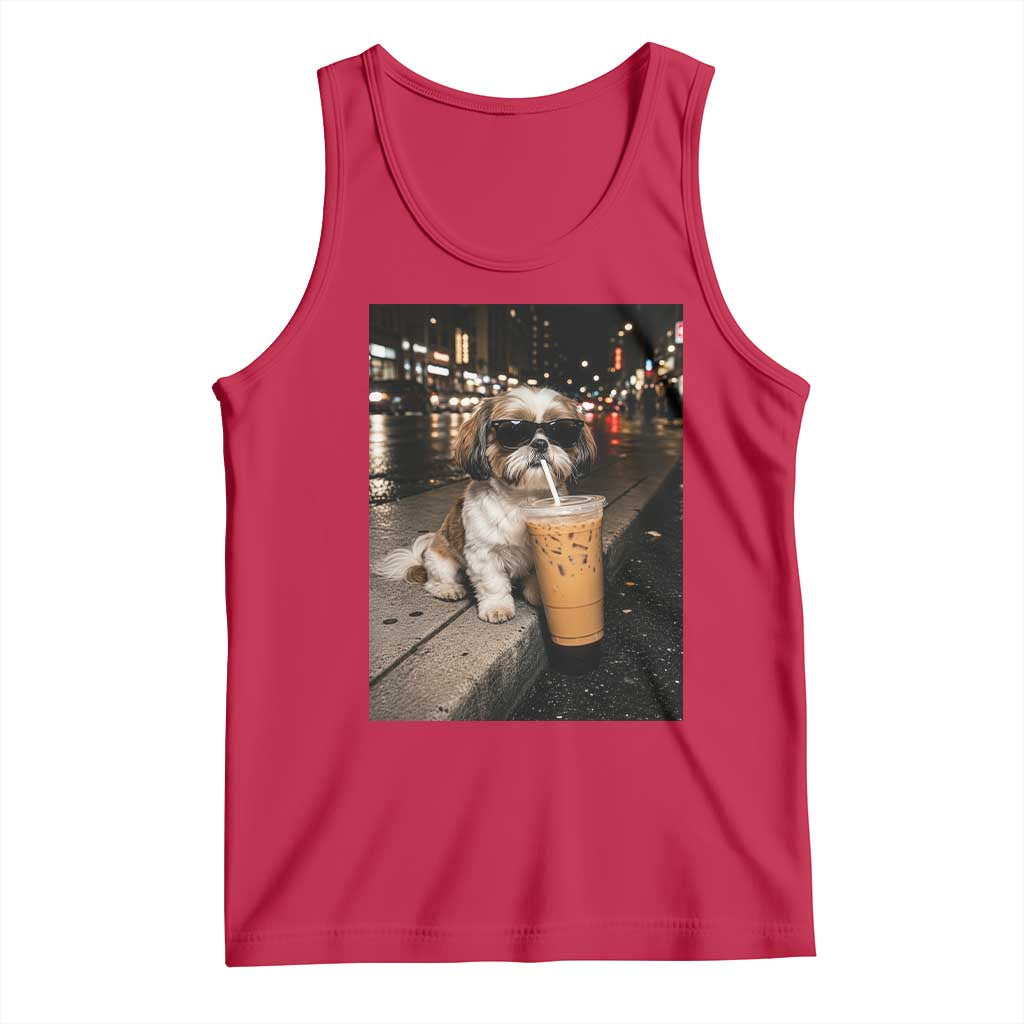 Funny Shih Tzu Drinking Iced Coffee Tank Top Vintage Dog Lover