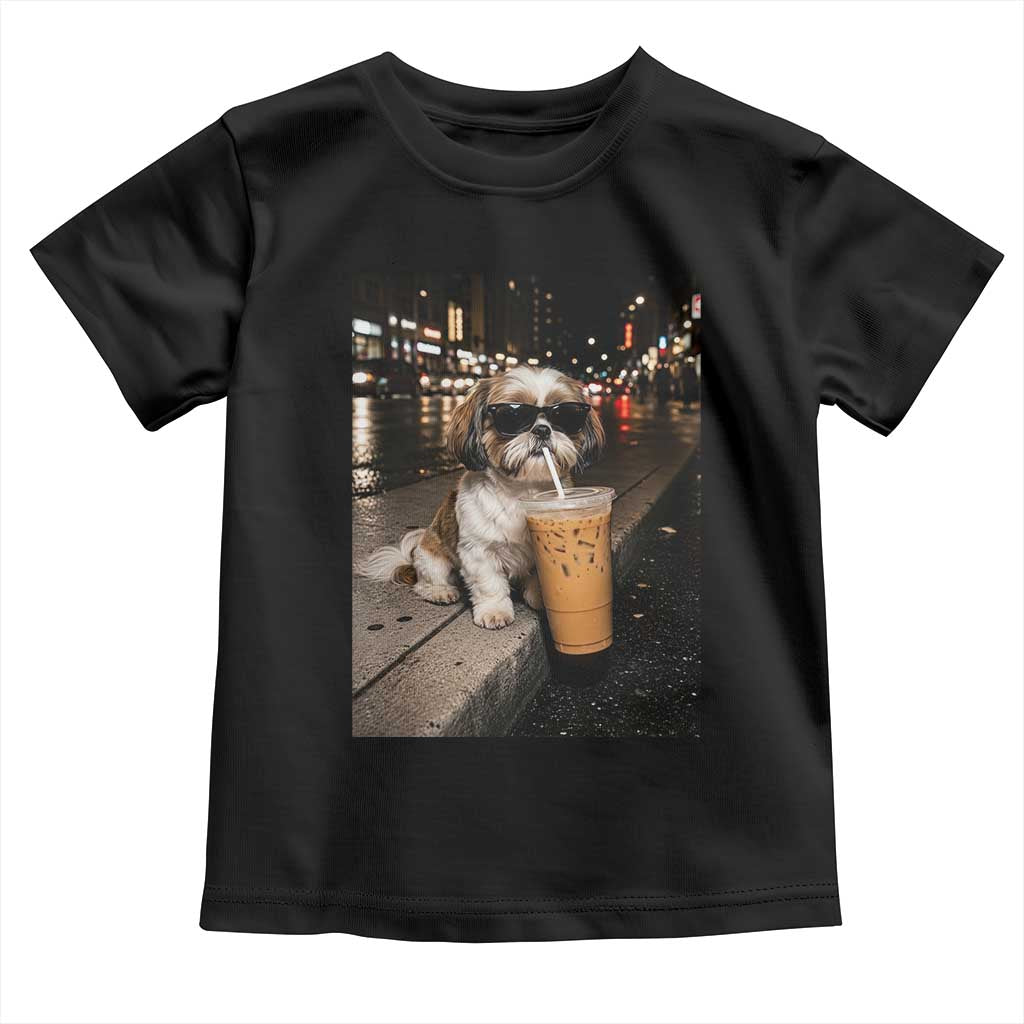 Funny Shih Tzu Drinking Iced Coffee Toddler T Shirt Vintage Dog Lover TS10 Black Print Your Wear