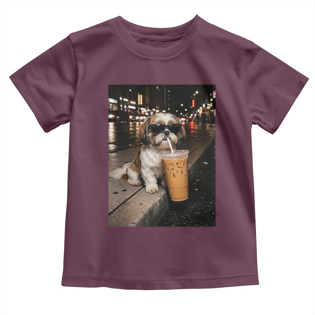 Funny Shih Tzu Drinking Iced Coffee Toddler T Shirt Vintage Dog Lover