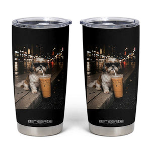 Funny Shih Tzu Drinking Iced Coffee Tumbler Cup Vintage Dog Lover
