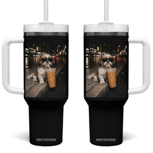 Funny Shih Tzu Drinking Iced Coffee Tumbler With Handle Vintage Dog Lover