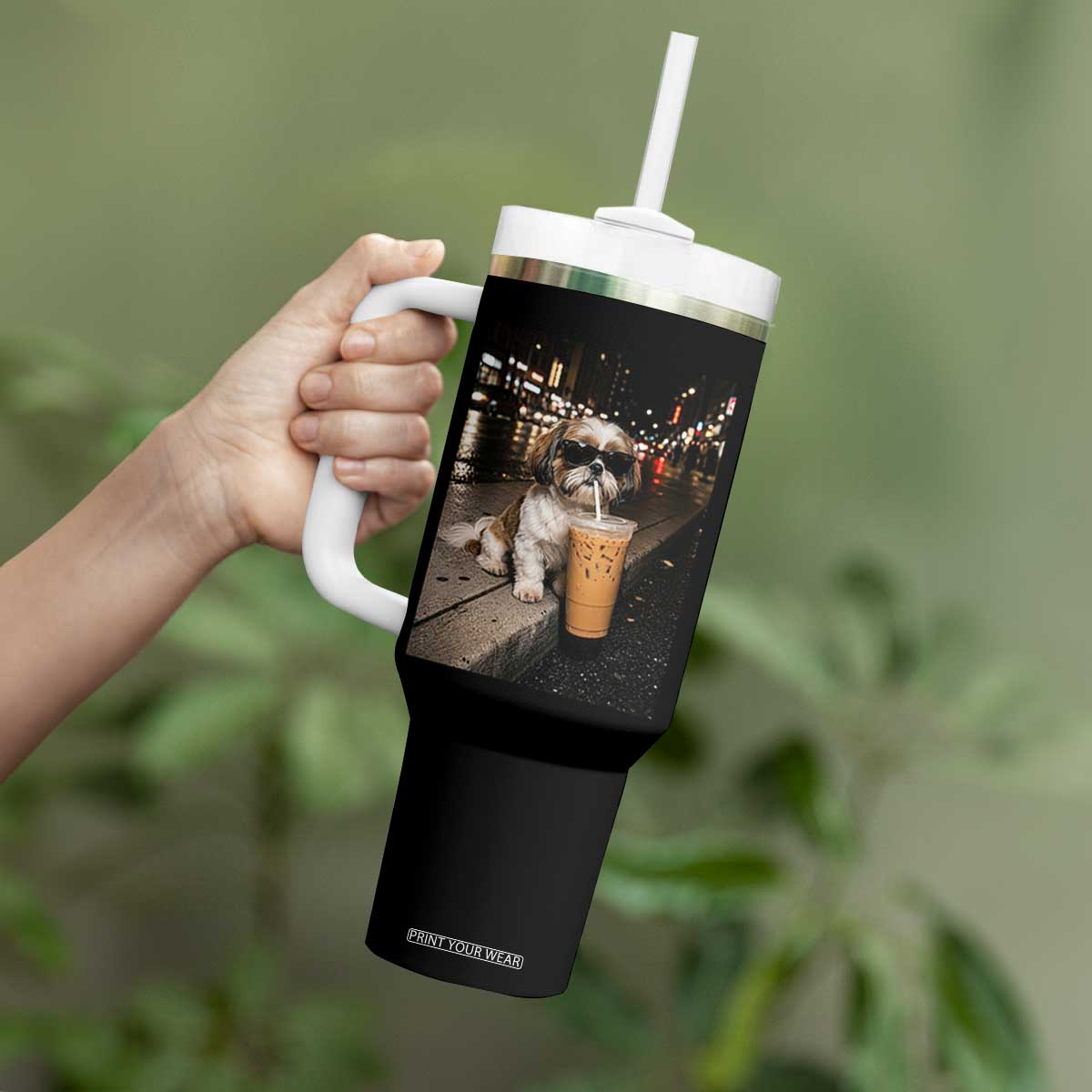 Funny Shih Tzu Drinking Iced Coffee Tumbler With Handle Vintage Dog Lover