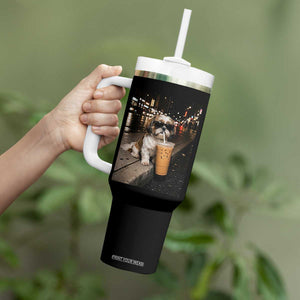 Funny Shih Tzu Drinking Iced Coffee Tumbler With Handle Vintage Dog Lover