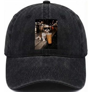 Funny Shih Tzu Drinking Iced Coffee Washed Cotton Baseball Cap Vintage Dog Lover