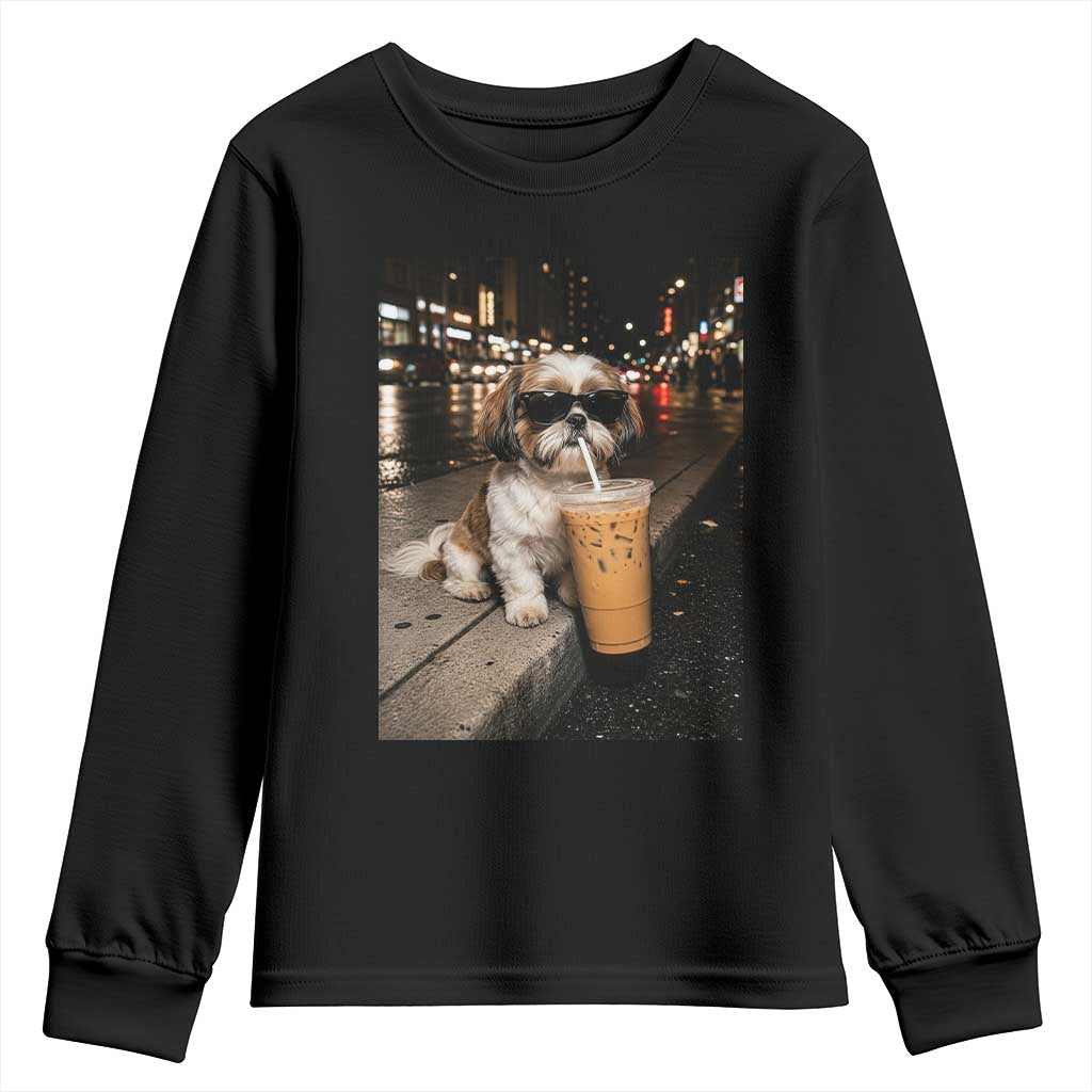 Funny Shih Tzu Drinking Iced Coffee Youth Sweatshirt Vintage Dog Lover