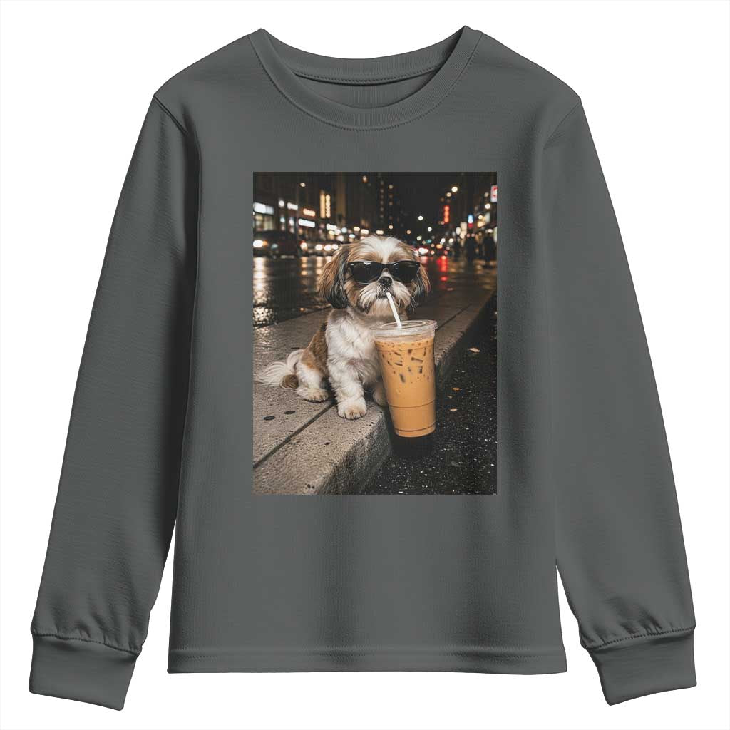 Funny Shih Tzu Drinking Iced Coffee Youth Sweatshirt Vintage Dog Lover
