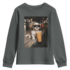 Funny Shih Tzu Drinking Iced Coffee Youth Sweatshirt Vintage Dog Lover