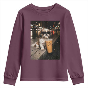Funny Shih Tzu Drinking Iced Coffee Youth Sweatshirt Vintage Dog Lover