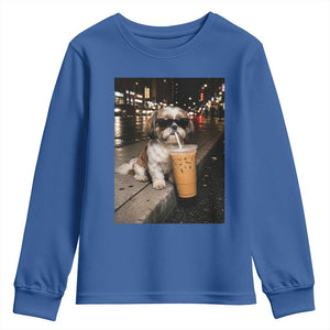 Funny Shih Tzu Drinking Iced Coffee Youth Sweatshirt Vintage Dog Lover