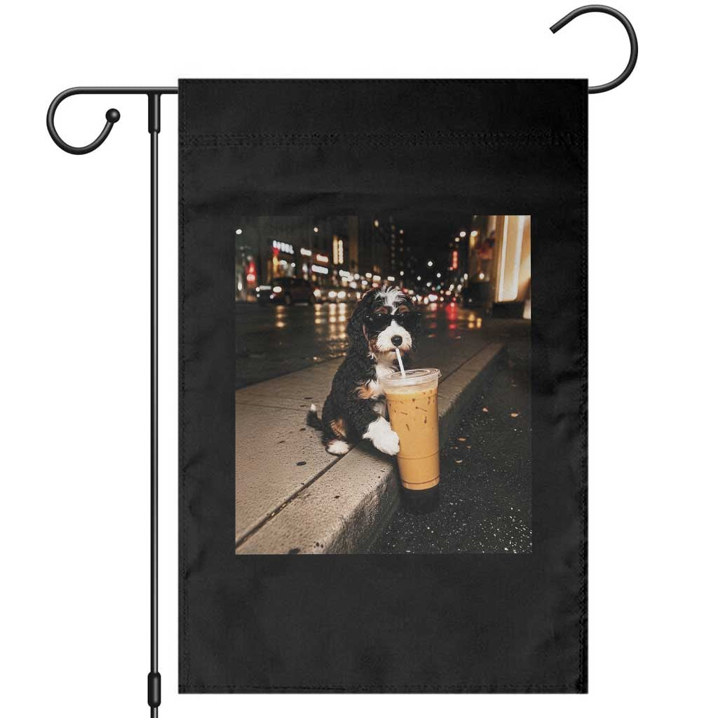 Bernedoodle Dog Drinking Iced Coffee Garden Flag Funny Coffee Lover Gift for Dog Moms Dads TS10 Black Print Your Wear