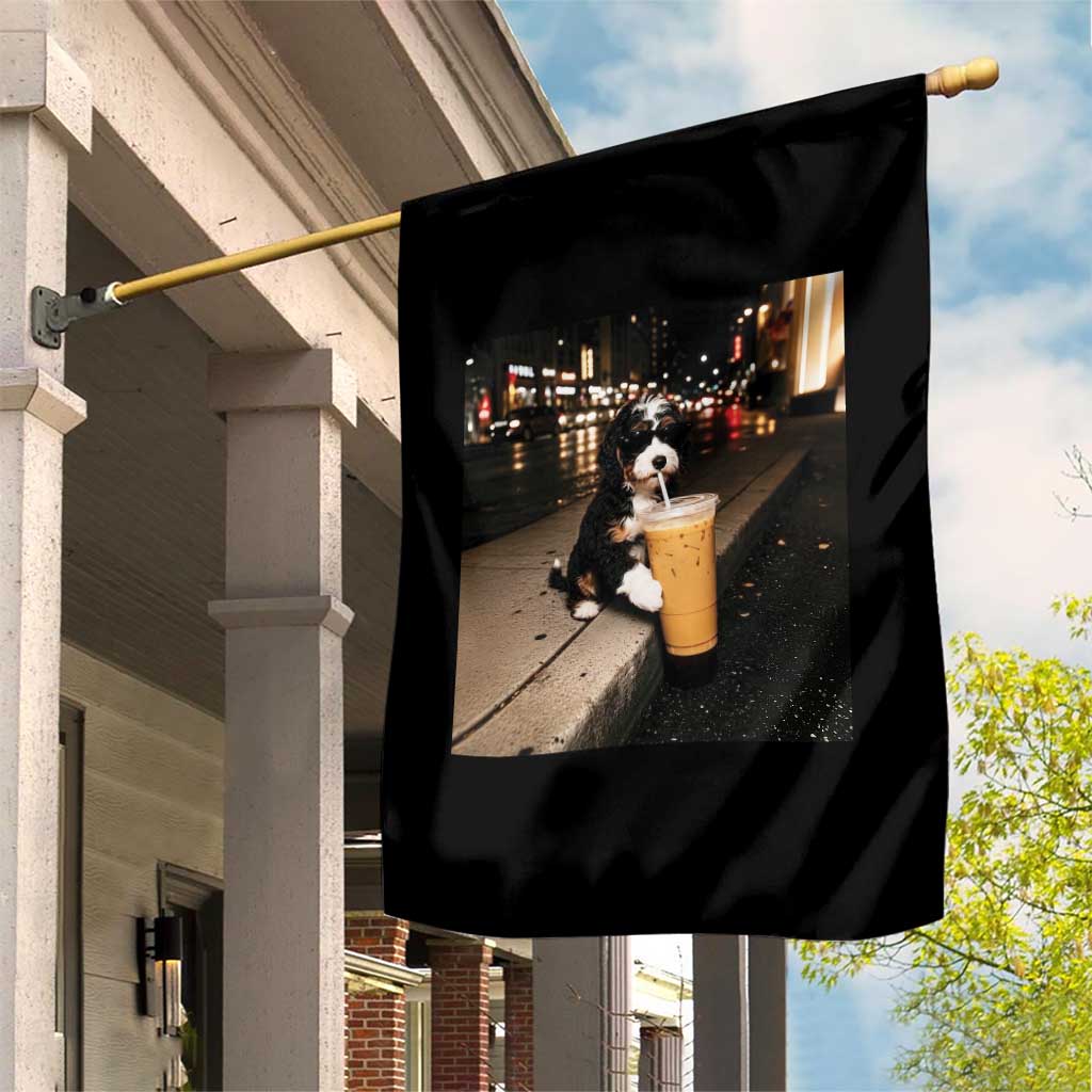 Bernedoodle Dog Drinking Iced Coffee Garden Flag Funny Coffee Lover Gift for Dog Moms Dads TS10 Print Your Wear