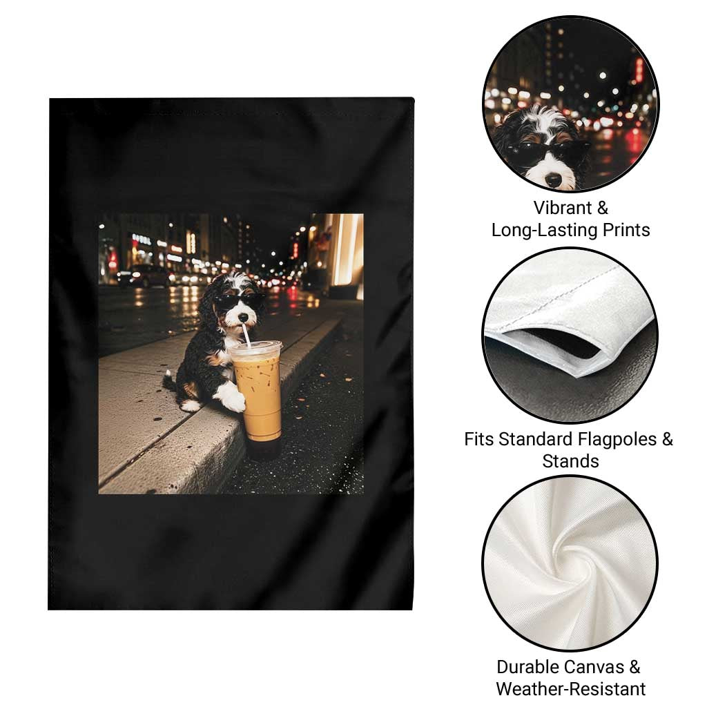 Bernedoodle Dog Drinking Iced Coffee Garden Flag Funny Coffee Lover Gift for Dog Moms Dads TS10 Print Your Wear