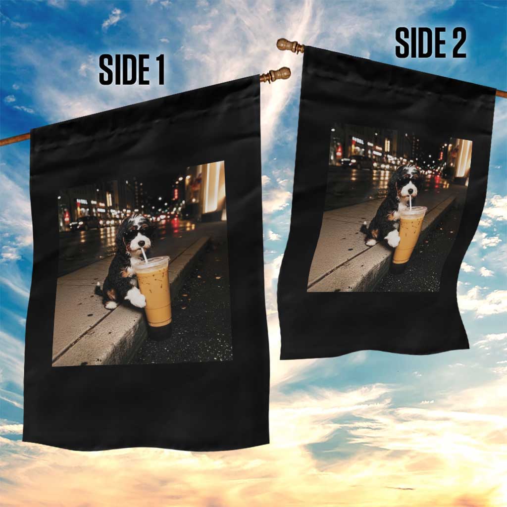 Bernedoodle Dog Drinking Iced Coffee Garden Flag Funny Coffee Lover Gift for Dog Moms Dads TS10 Print Your Wear