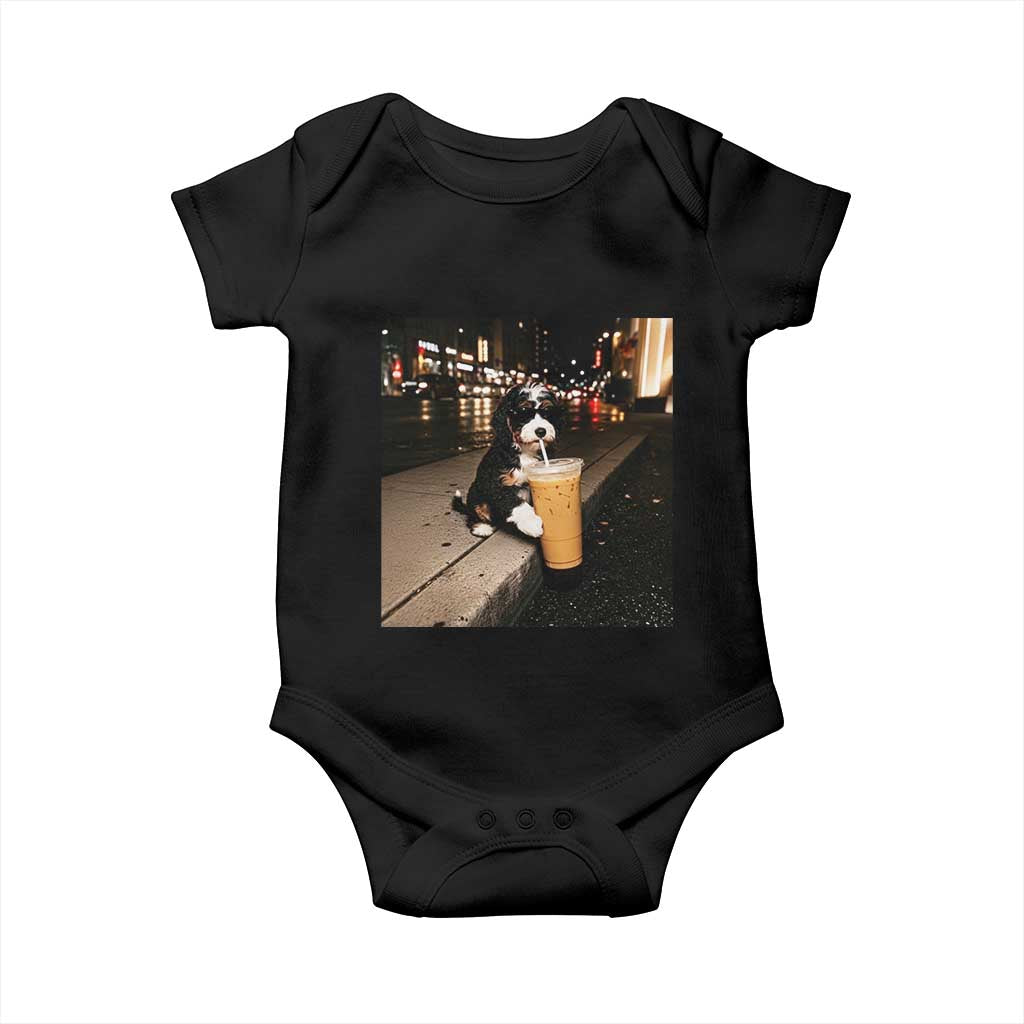 Bernedoodle Dog Drinking Iced Coffee Baby Onesie Funny Coffee Lover Gift for Dog Moms Dads TS10 Black Print Your Wear