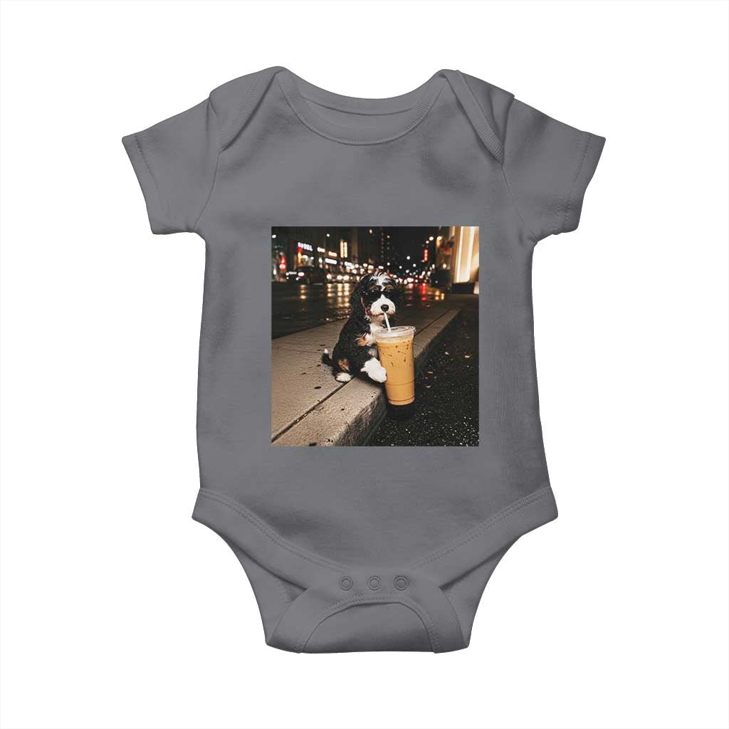 Bernedoodle Dog Drinking Iced Coffee Baby Onesie Funny Coffee Lover Gift for Dog Moms Dads TS10 Charcoal Print Your Wear