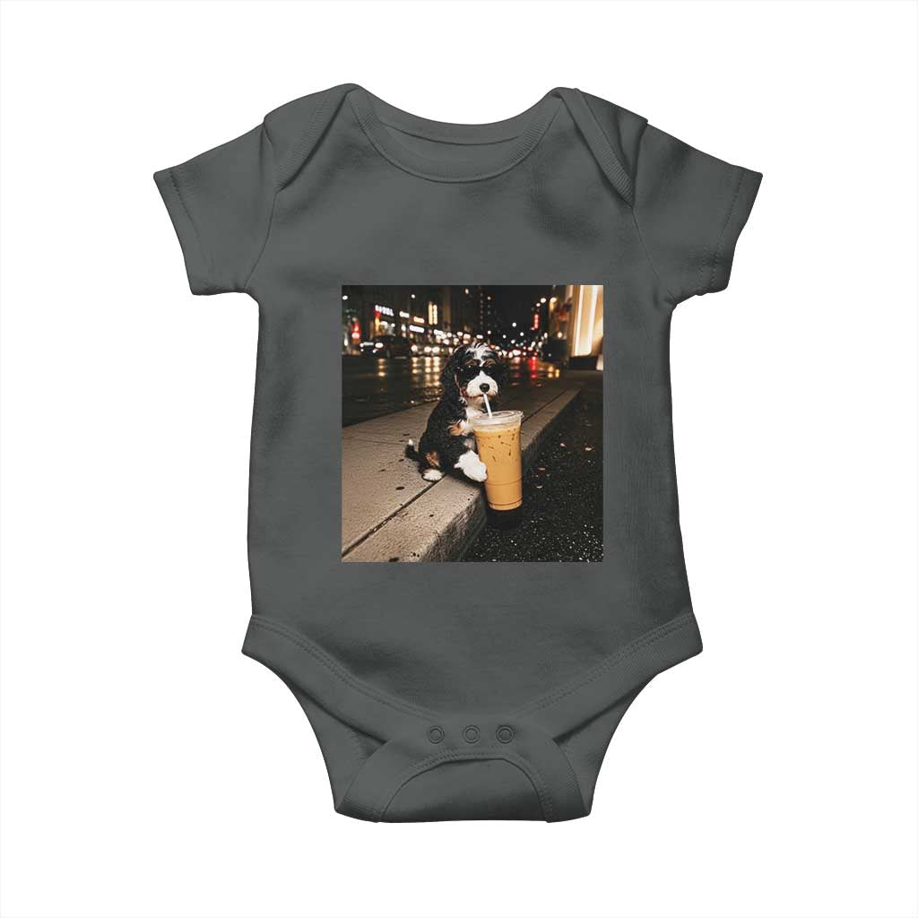 Bernedoodle Dog Drinking Iced Coffee Baby Onesie Funny Coffee Lover Gift for Dog Moms Dads TS10 Dark Heather Print Your Wear