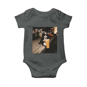 Bernedoodle Dog Drinking Iced Coffee Baby Onesie Funny Coffee Lover Gift for Dog Moms Dads TS10 Dark Heather Print Your Wear