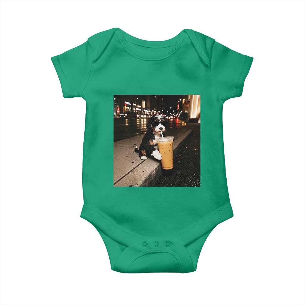 Bernedoodle Dog Drinking Iced Coffee Baby Onesie Funny Coffee Lover Gift for Dog Moms Dads TS10 Irish Green Print Your Wear