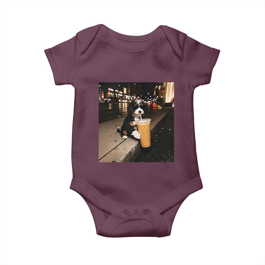 Bernedoodle Dog Drinking Iced Coffee Baby Onesie Funny Coffee Lover Gift for Dog Moms Dads TS10 Maroon Print Your Wear