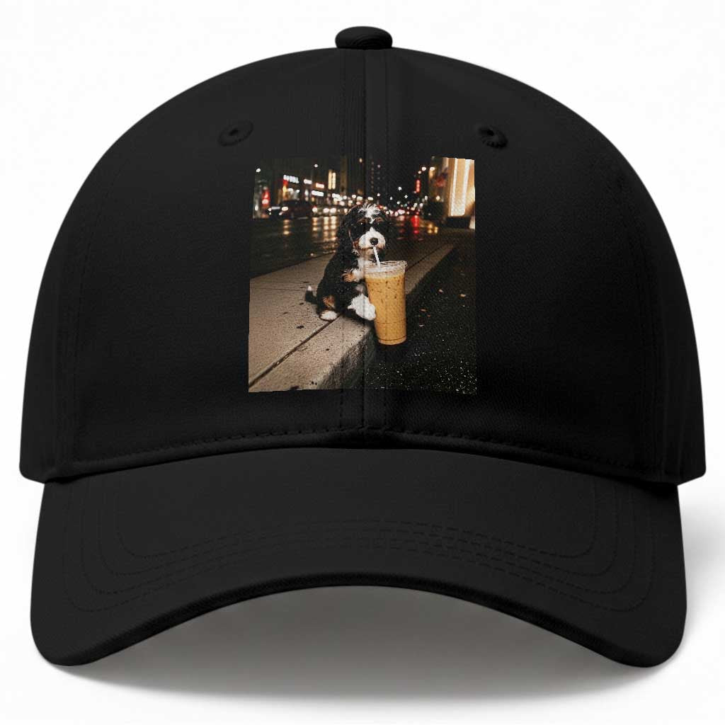 Bernedoodle Dog Drinking Iced Coffee Baseball Cap Funny Coffee Lover Gift for Dog Moms Dads TS10 Print Your Wear