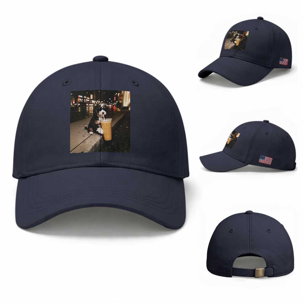 Bernedoodle Dog Drinking Iced Coffee Baseball Cap Funny Coffee Lover Gift for Dog Moms Dads TS10 Baseball Cap Universal Fit Navy Print Your Wear