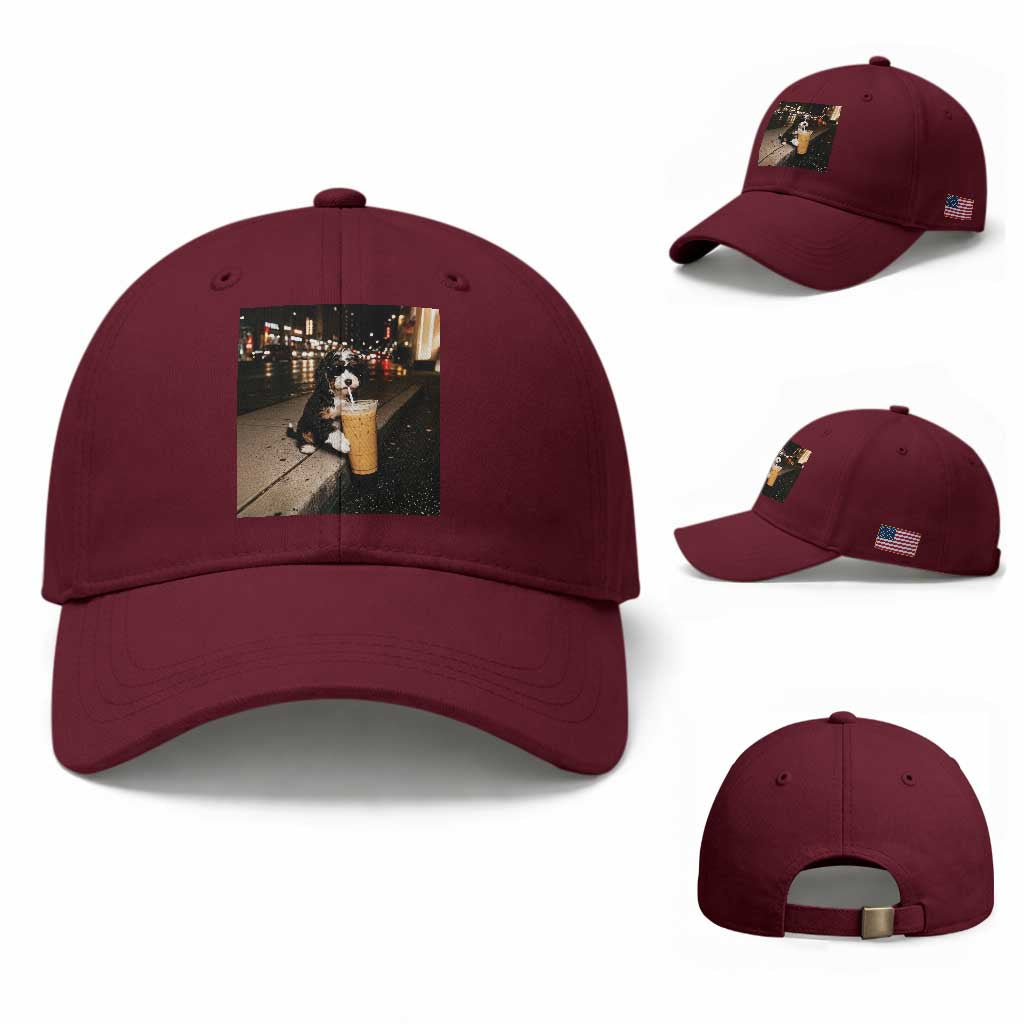 Bernedoodle Dog Drinking Iced Coffee Baseball Cap Funny Coffee Lover Gift for Dog Moms Dads TS10 Baseball Cap Universal Fit Maroon Print Your Wear