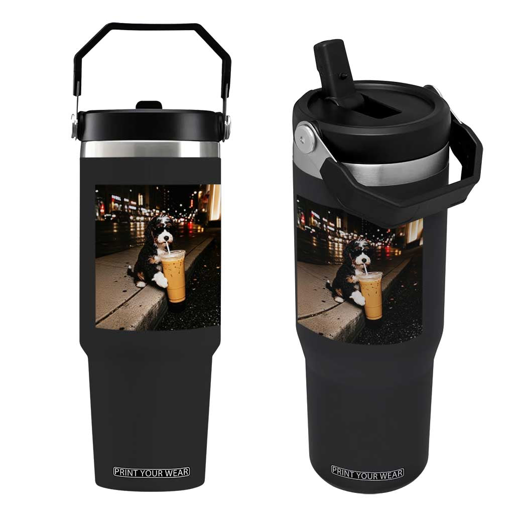 Bernedoodle Dog Drinking Iced Coffee Flip Straw Tumbler Funny Coffee Lover Gift for Dog Moms Dads TS10 One Size: 30 oz Black Print Your Wear