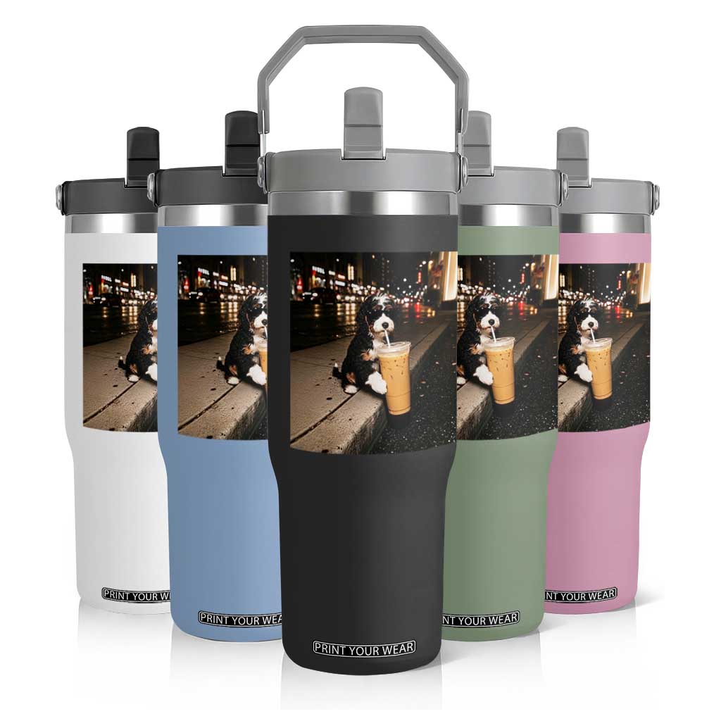 Bernedoodle Dog Drinking Iced Coffee Flip Straw Tumbler Funny Coffee Lover Gift for Dog Moms Dads TS10 Print Your Wear