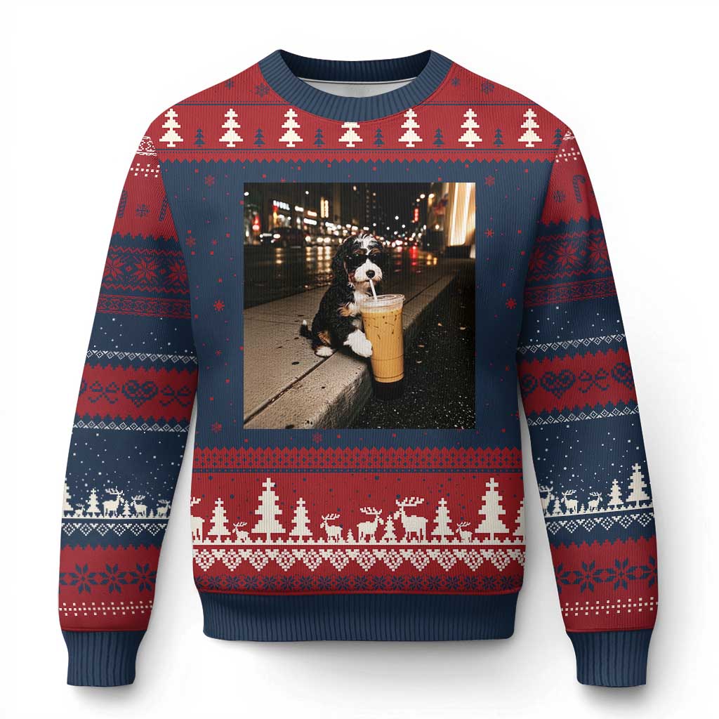 Bernedoodle Dog Drinking Iced Coffee Ugly Christmas Sweater Funny Coffee Lover Gift for Dog Moms Dads TS10 Navy Red Print Your Wear