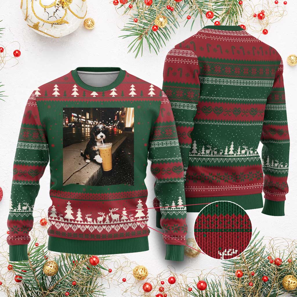 Bernedoodle Dog Drinking Iced Coffee Ugly Christmas Sweater Funny Coffee Lover Gift for Dog Moms Dads TS10 Print Your Wear