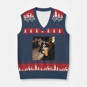 Bernedoodle Dog Drinking Iced Coffee V-Neck Knit Sweater Vest Funny Coffee Lover Gift for Dog Moms Dads TS10 Navy Red Print Your Wear
