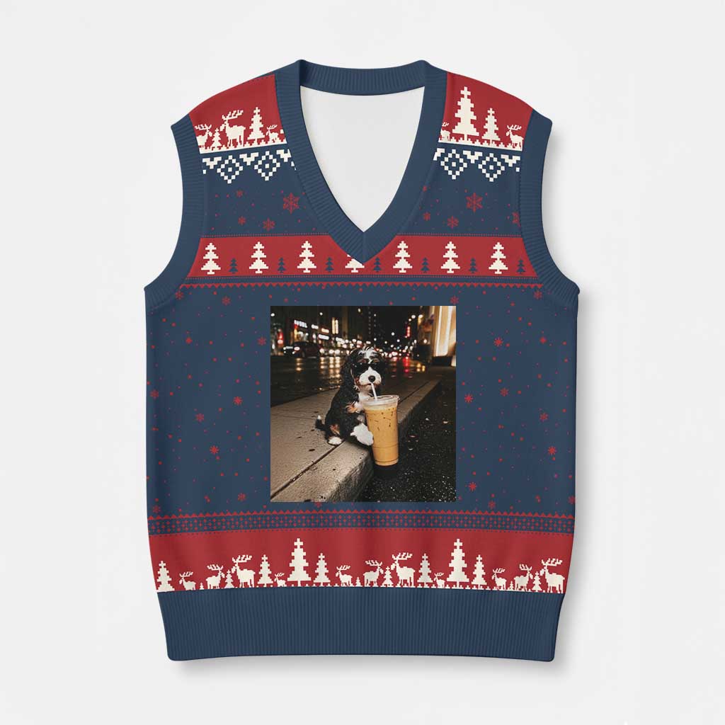 Bernedoodle Dog Drinking Iced Coffee V-Neck Knit Sweater Vest Funny Coffee Lover Gift for Dog Moms Dads TS10 Navy Red Print Your Wear