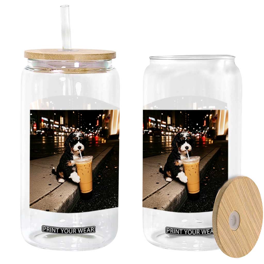 Bernedoodle Dog Drinking Iced Coffee Glass Can Funny Coffee Lover Gift for Dog Moms Dads TS10 Print Your Wear
