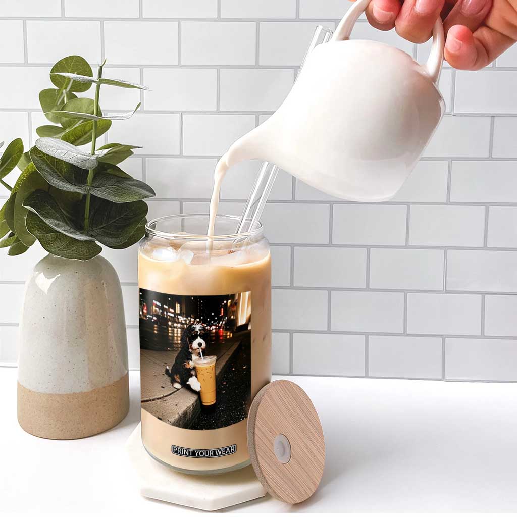 Bernedoodle Dog Drinking Iced Coffee Glass Can Funny Coffee Lover Gift for Dog Moms Dads TS10 Print Your Wear