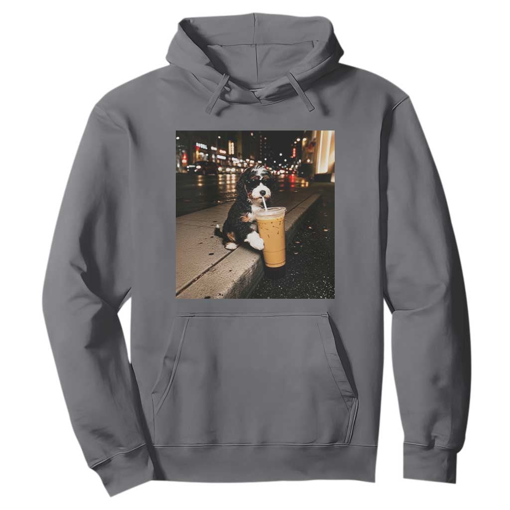 Bernedoodle Dog Drinking Iced Coffee Hoodie Funny Coffee Lover Gift for Dog Moms Dads TS10 Charcoal Print Your Wear