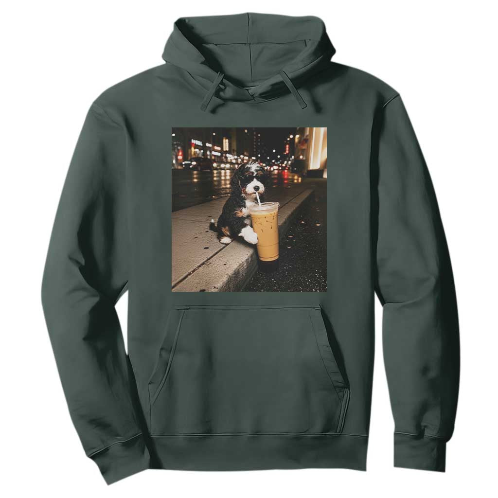 Bernedoodle Dog Drinking Iced Coffee Hoodie Funny Coffee Lover Gift for Dog Moms Dads TS10 Dark Forest Green Print Your Wear