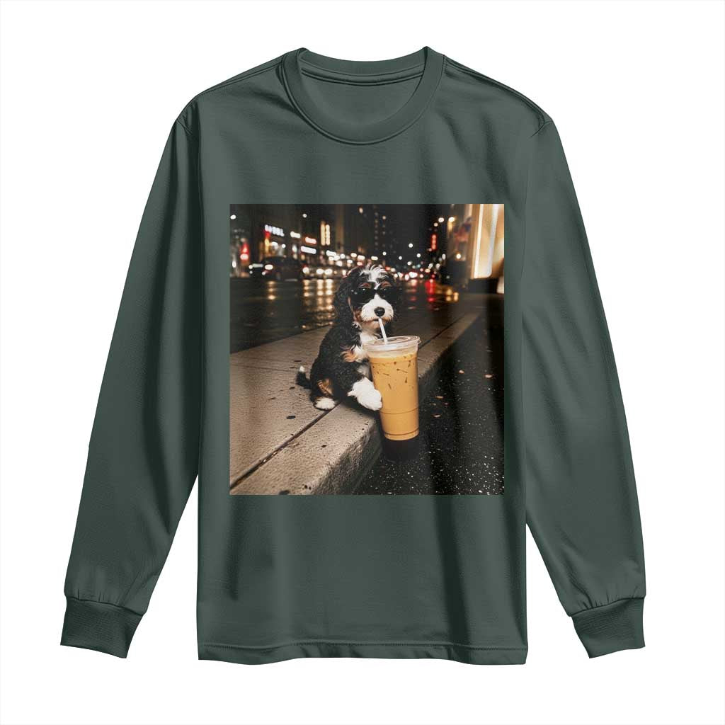 Bernedoodle Dog Drinking Iced Coffee Long Sleeve Shirt Funny Coffee Lover Gift for Dog Moms Dads TS10 Dark Forest Green Print Your Wear