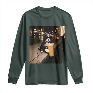 Bernedoodle Dog Drinking Iced Coffee Long Sleeve Shirt Funny Coffee Lover Gift for Dog Moms Dads TS10 Dark Forest Green Print Your Wear