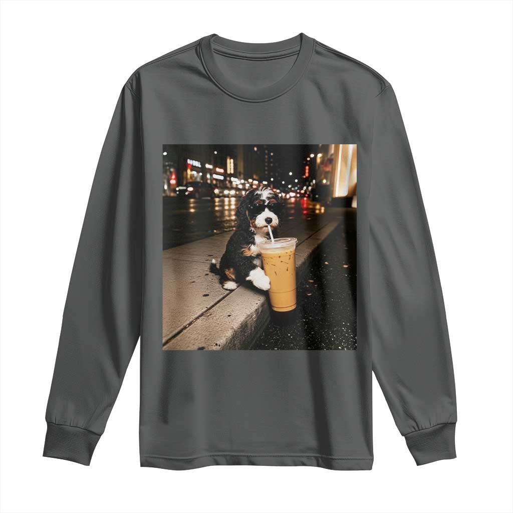 Bernedoodle Dog Drinking Iced Coffee Long Sleeve Shirt Funny Coffee Lover Gift for Dog Moms Dads TS10 Dark Heather Print Your Wear